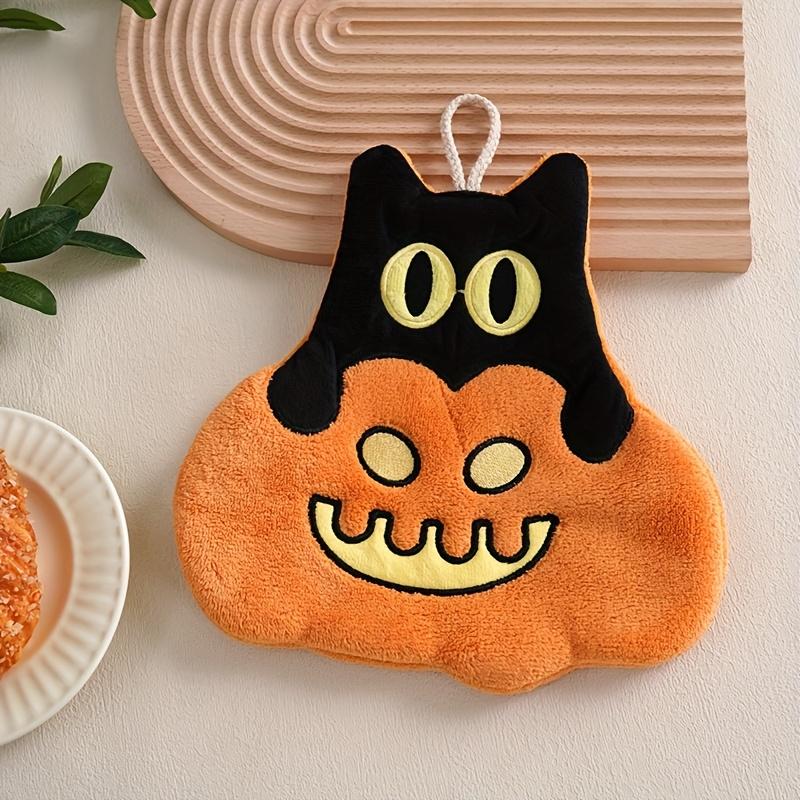 Halloween Pumpkin Coral Fleece Hand Towel - Cute Pumpkin Design, Polyester, Perfect for Kitchen, Bathroom, and Party Decorations