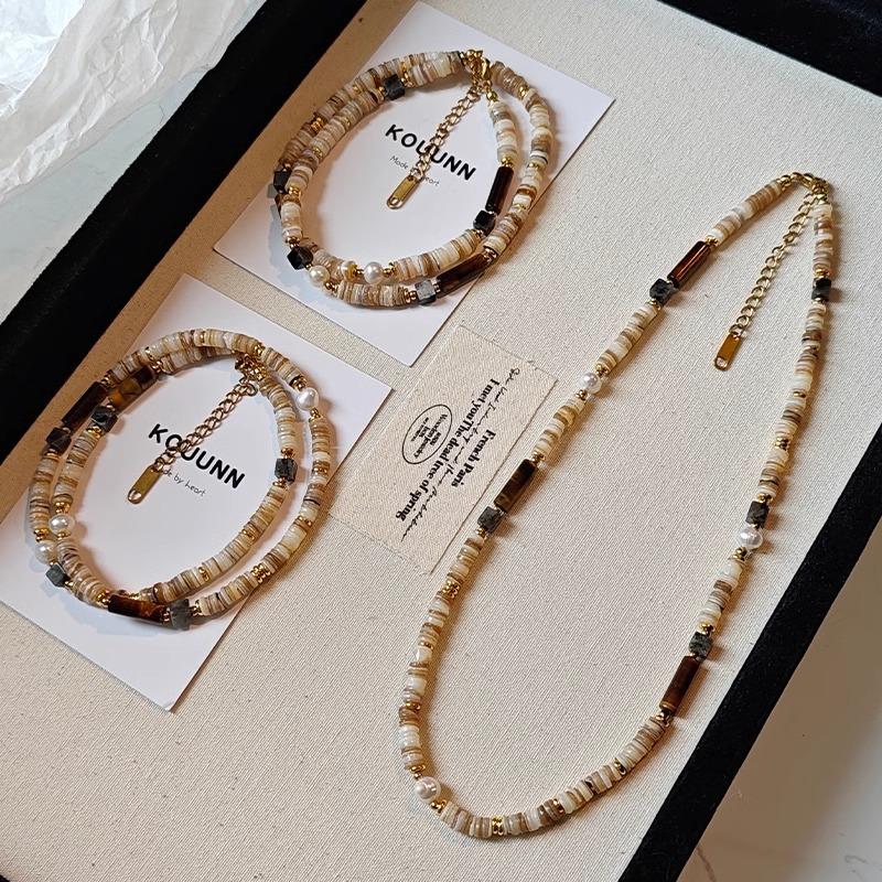 Handmade Natural Tiger Eye Red Agate Shell Freshwater Pearl Beaded Necklace Women Choker Strand
