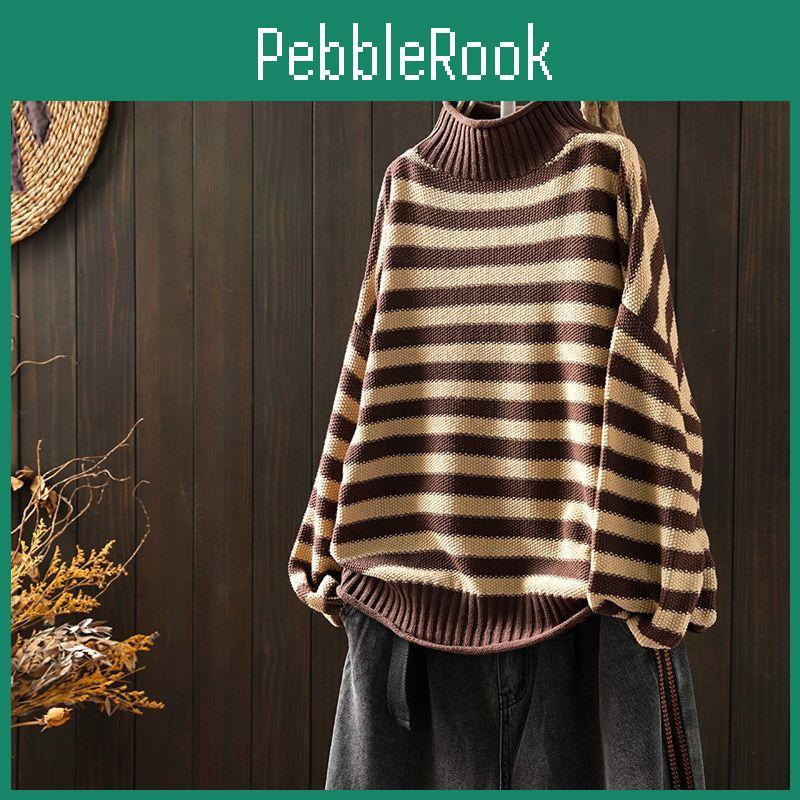 High Neck Pullover Stripe Half Sweater Women Loose Long Sleeve Vintage Literature Leisure Bottoming Knitting Sweater Female