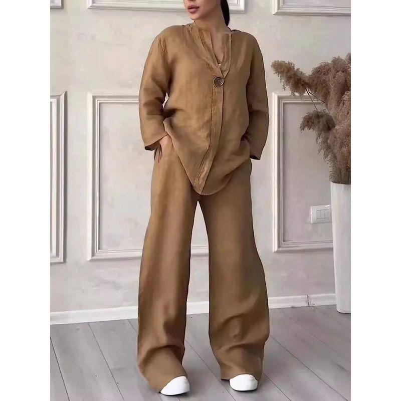 

Solid Color Vneck Top Casual Suit Pants Solid Color and V-neck Tops Casual Suit Pants BROWN XL