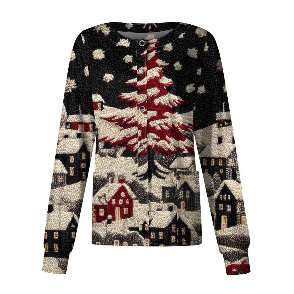 Damen Lässiger Langärmliger Einreihiger Strickcardigan mit Weihnachtsmotiv-Print