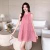 Gentle wind pink neck dress women's summer seaside vacation beach dress super beautiful printed pendulum short skirt