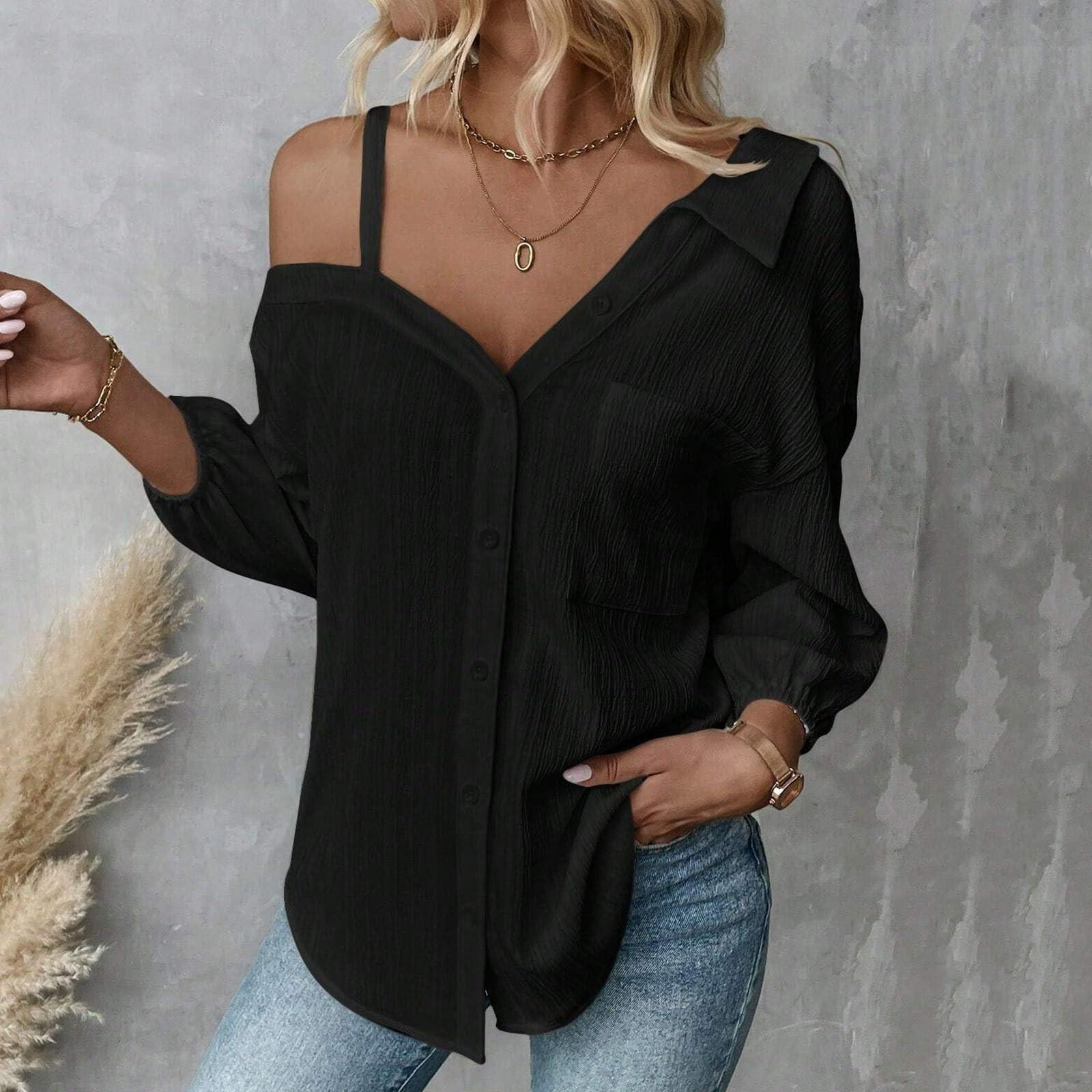 

Жіноча мода Повсякденний однотонний лацкан Сім рукавів Відкрите плече Однобортна повсякденна сорочка Топ XL чорний