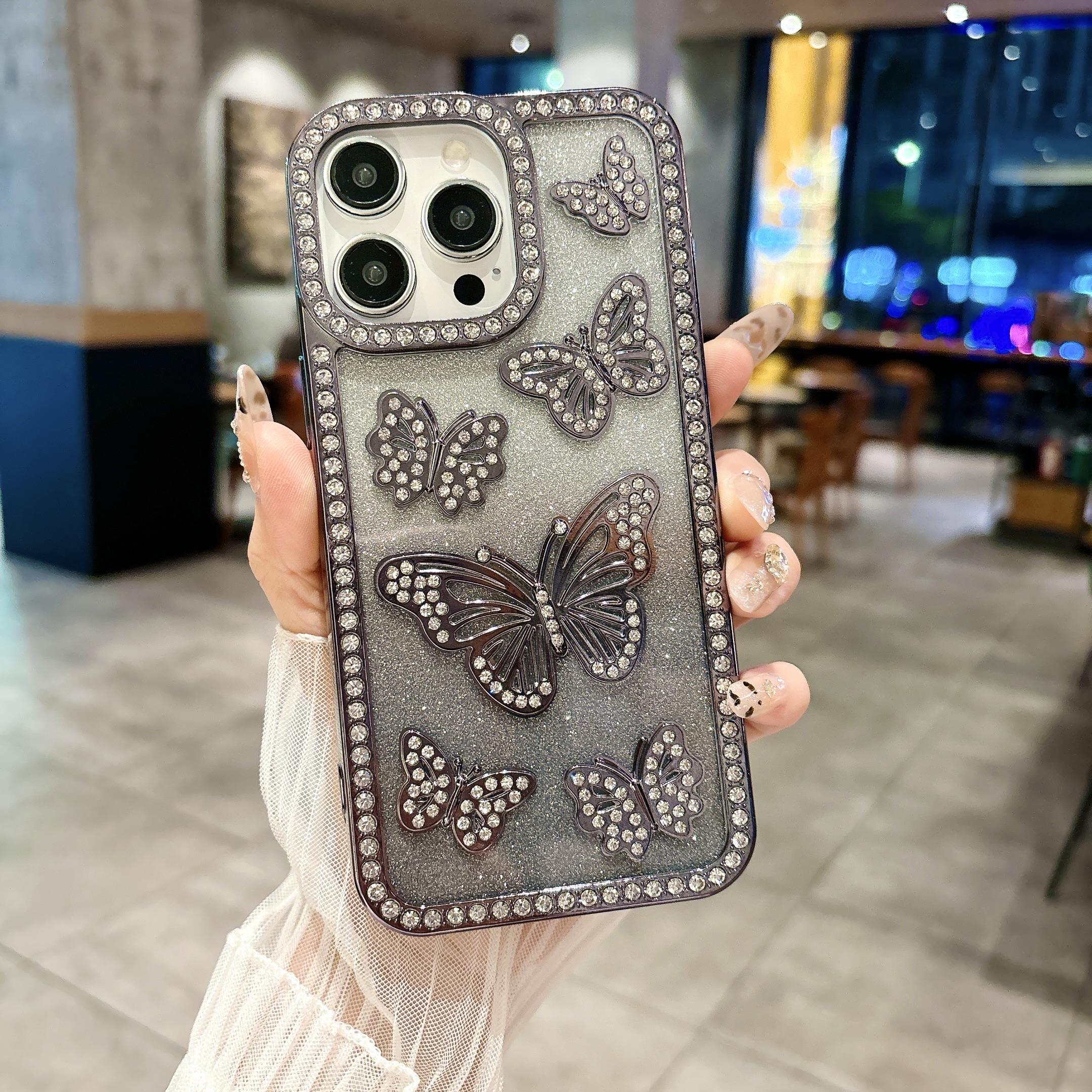 

For iPhone 15 Pro Max Case Rhinestone Butterfly Decor Soft TPU Phone Cover Black