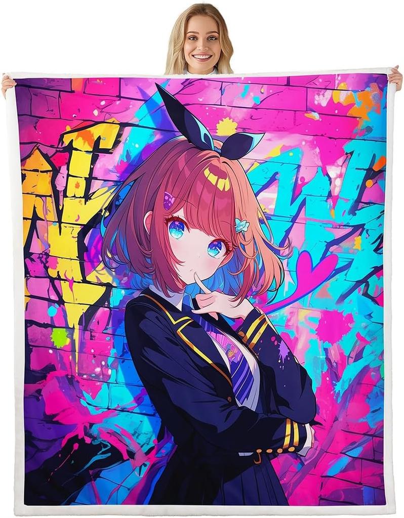 GUOYU Blanket Throw Size Japanese Anime Fleece Sherpa Blanket for Kids Anime Girl Japanese Style Throw Blanket Cartoon Japan Animation Bed