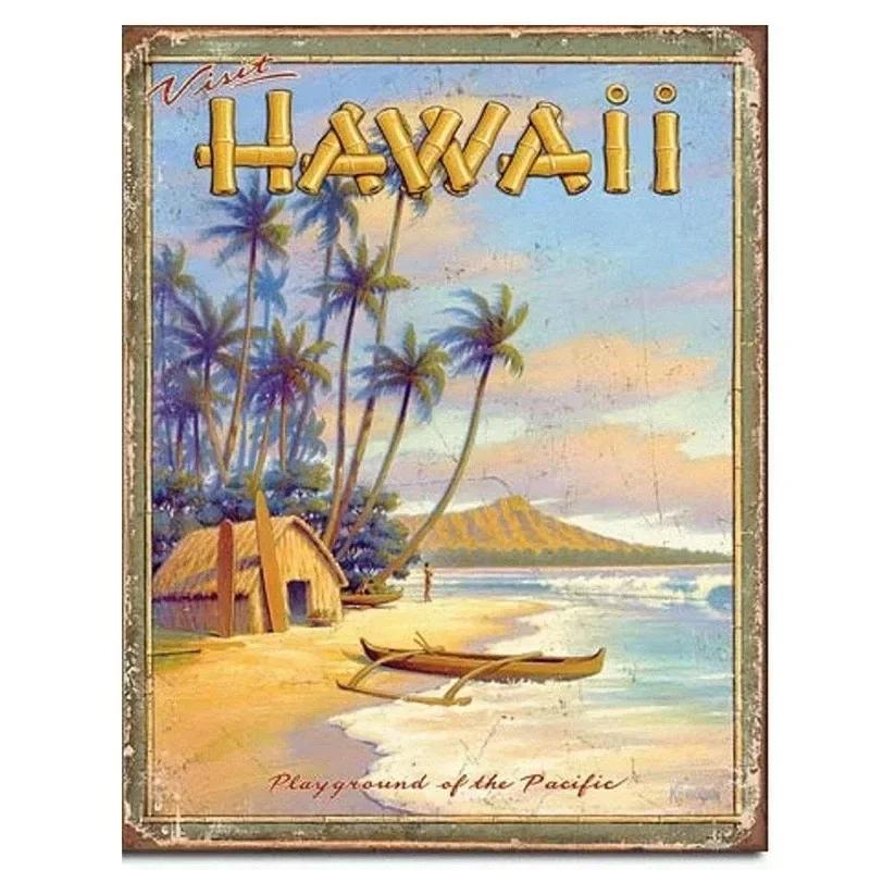 Vintage Hawaii New York Santorini Landscape Travel Tour Poster Retro Metal Aluminum Signs Funny Plaque Home Bar Cafe Wall Decor