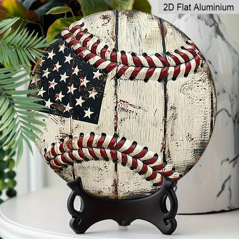 2D Flat, 1pc Round Vintage Baseball USA Flag Aluminum Hanging Sign, Rustic Patriotic Sports Metal Wall Decor, Suitable for Both Indoor And Outdoor
