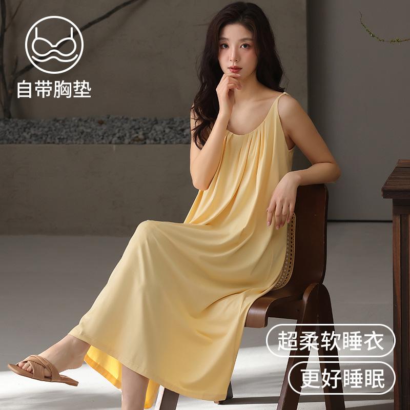 Modal nightdress women's summer new cool ice silk suspender sexy nightdress with chest pad pajamas loungewear summer
