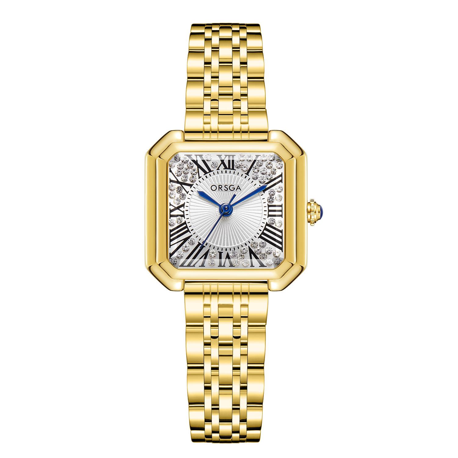 Elegant Ladies Square Dress Watch Rhinestone Decor Roman Dial Stainless Steel Strap Fashion Female Quartz Wristwatch S золотой/белый