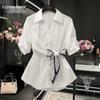 Women's Lapel Collar Short-Sleeve Waist-Cinching Shirt