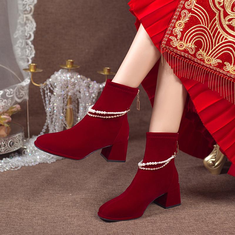 Fashion Women's Thick Heel Cotton Boots Winter New Square Head Suede Back Zipper Anti-slip Wear-resistant Short Tube Wedding Shoes