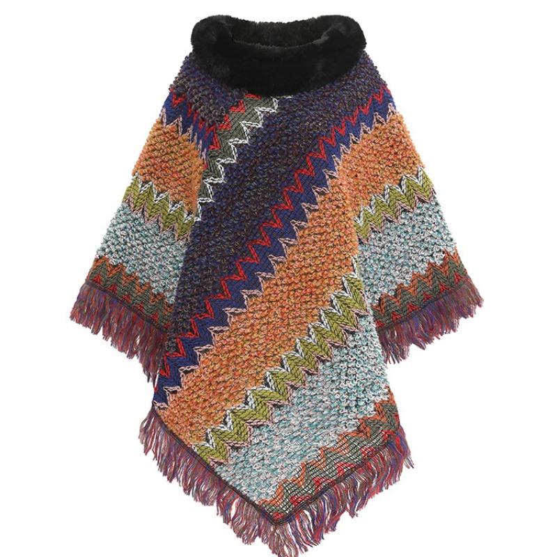Color Ethnic Style Pullover Cape Women's Fur Collar Women's Knitted Cape Warm Autumn and Winter Shawl