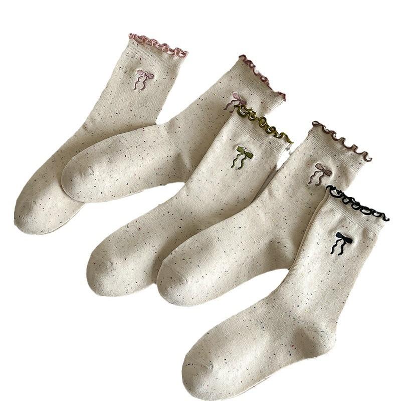 SCIONE Women's Pile Socks Solid Color Cotton Socks Spring and Autumn Yarn Stockings Cute Kapibala Series Ruffled Trim Embroidered Girl Socks