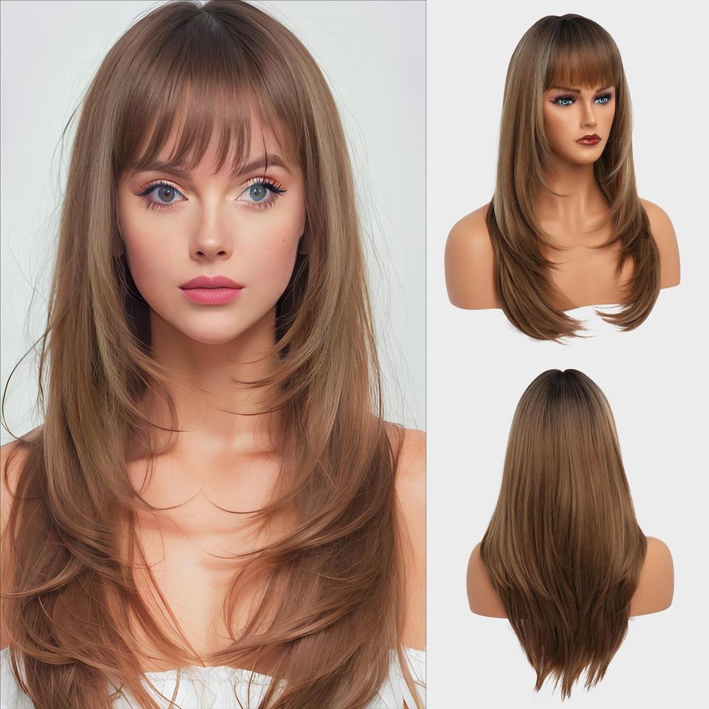 European American Gold Long Hair Wig Women's Bangs Straight Layered Full Head Hairstyle Synthetic Fiber
