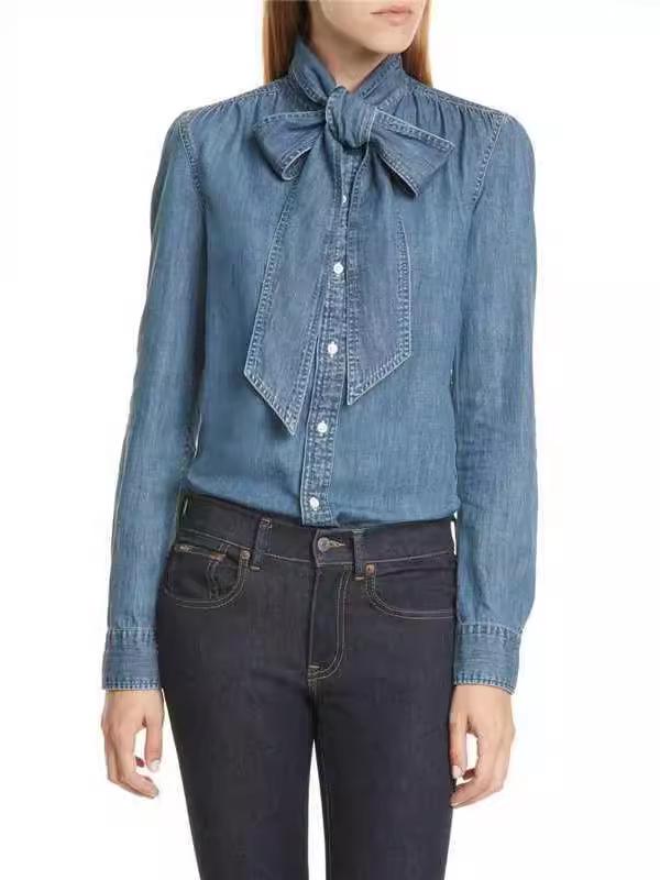 2024 European & American Bow Tie Long Sleeve Casual Denim Turn-Down Collar Shirt