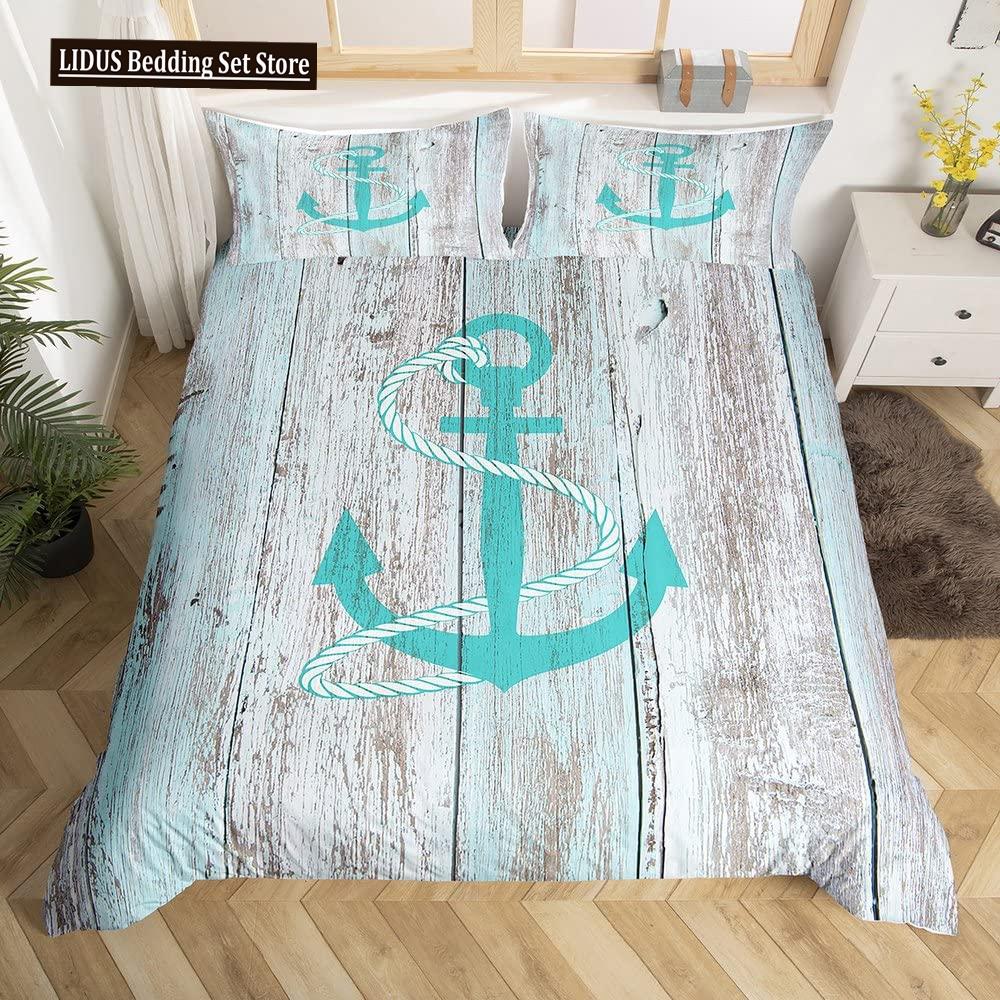 Maritimes Bettwäsche-Set mit Ozean-Anker-Dekor, Bettbezug, Seemann, Piratenkapitän, Meeresabenteuer, Tagesdecke für Kinder und Jungen, Marineblau