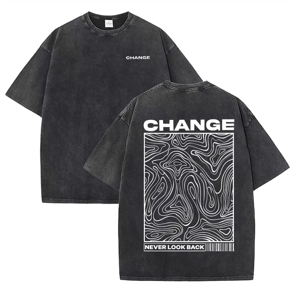 "CHANGE" Topographic Line Art Print Vintage Washed Beige Casual Graphic T Shirt