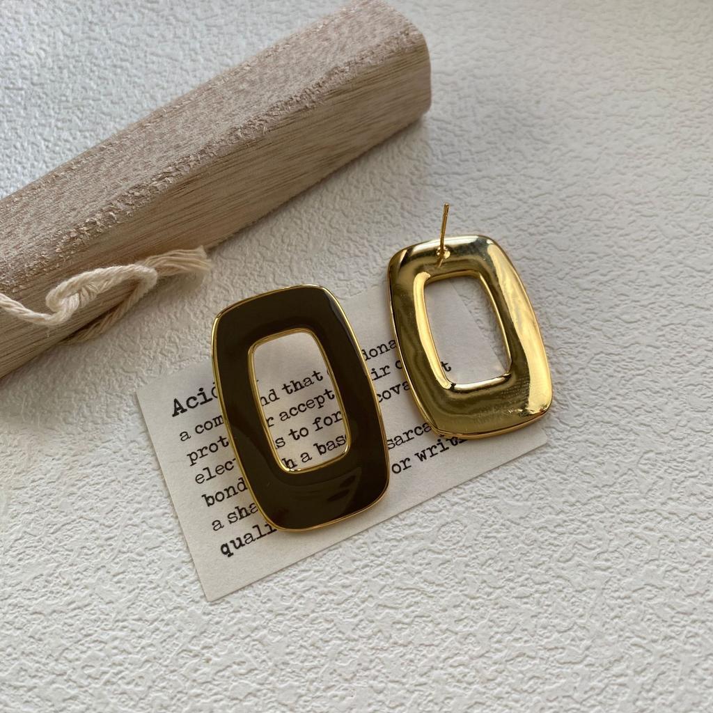 Metal Wind Hollow Geometric Square Drop Glaze Stud Earrings Versatile Earrings Pendant Design Advanced Temperament Earrings