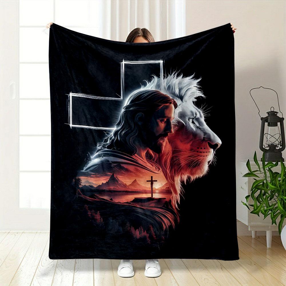 Jesus Lion Cross Printed Blanket Printed Blanket for Living Room Bed Couch lunch break Soft Cozy Blanket for Friend's festival Gift