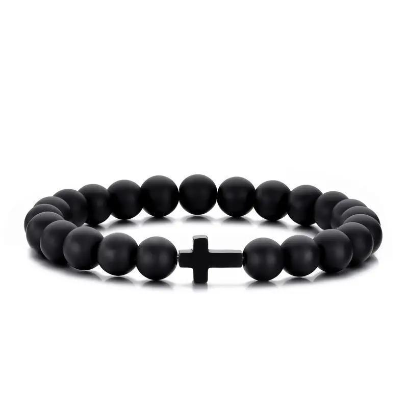 Black & White Frosted Agate Cross Couple Bracelets - Elastic Cord 8mm