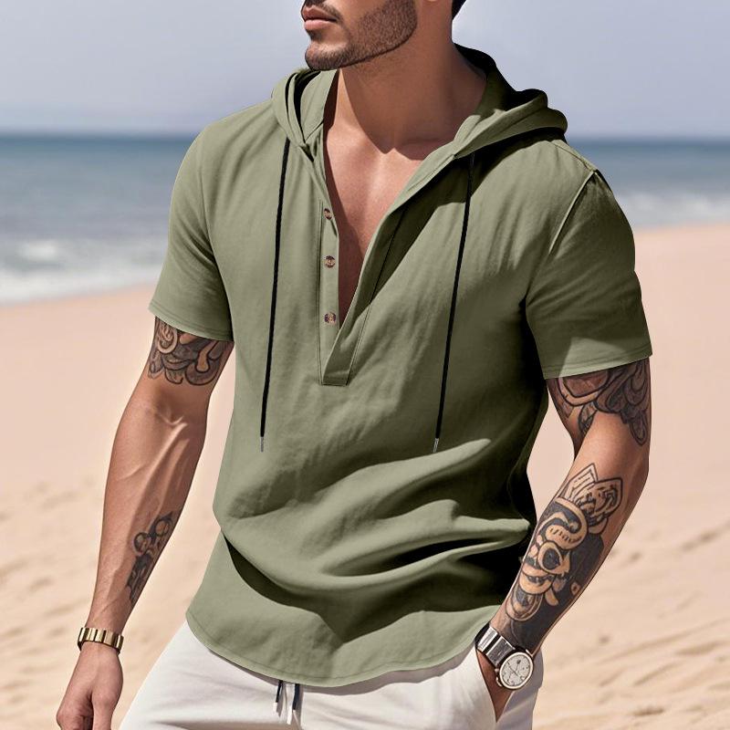New Men's Casual Linen Hooded Henry Shirt Short-sleeved Shirt Men