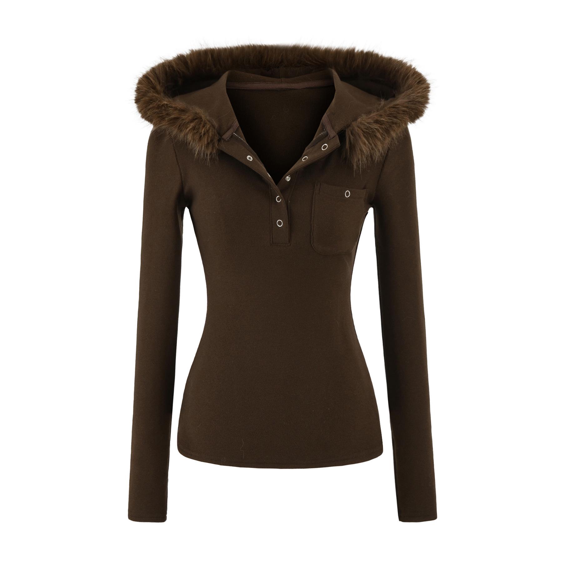 

Women s Slim-Fit Hooded T-Shirt with Fur Collar, Stylish American Design, Perfect for Autumn/Winter. Small какао коричневый