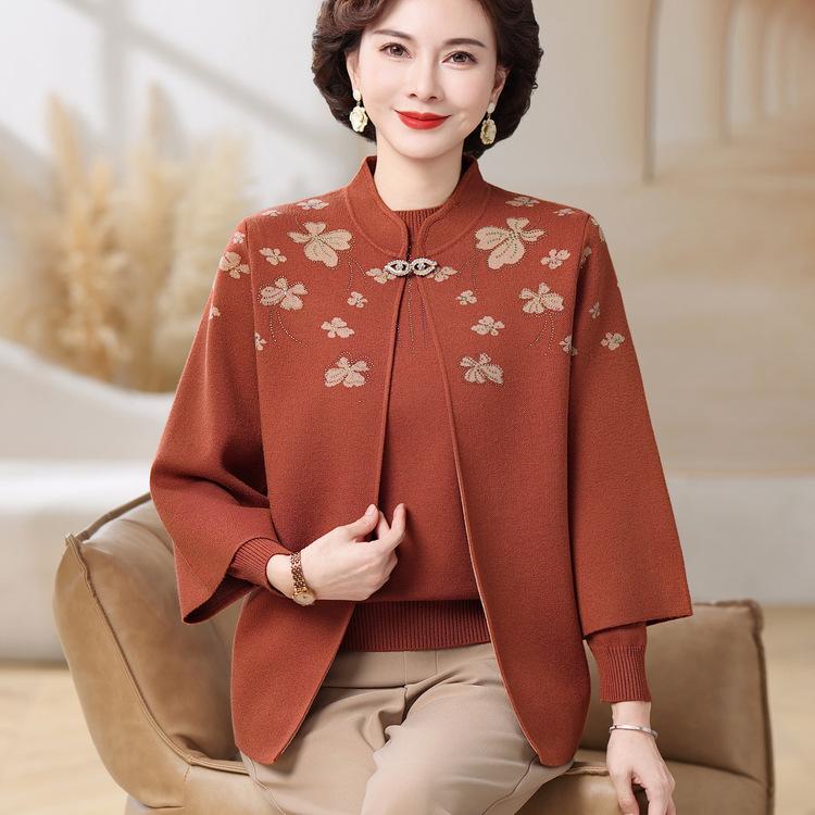 

Женский кардиган-жакет для женщин среднего и пожилого возраста на осень и зиму, весенне-осенний новый вязаный комплект из двух предметов 3XL