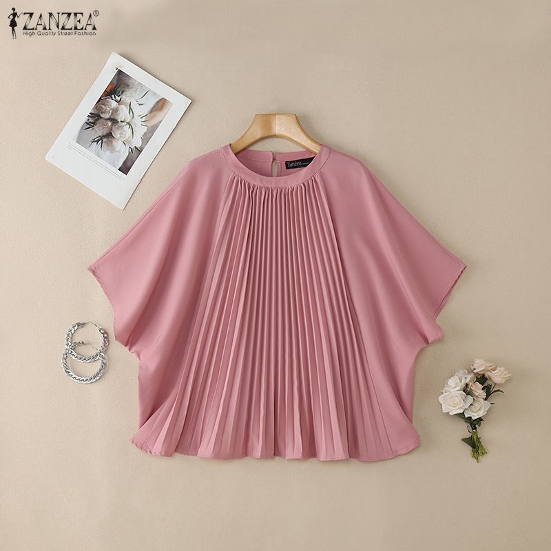 ZANZEA Women Elegant Round Neck Loose Casual Half Sleeve Blouse