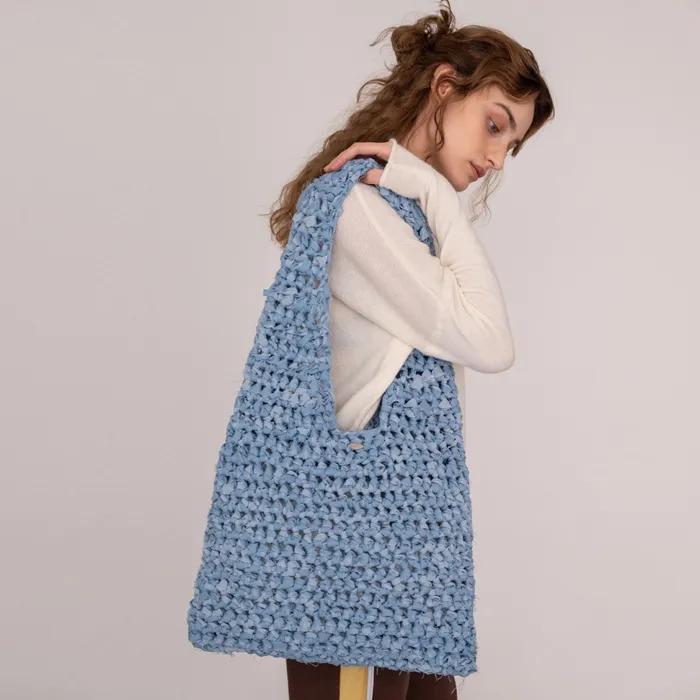 No.179 / Denim Crochet Big Hobo Bag _ Light Blue (Denim Crochet Big Shoulder Hobo Bag)