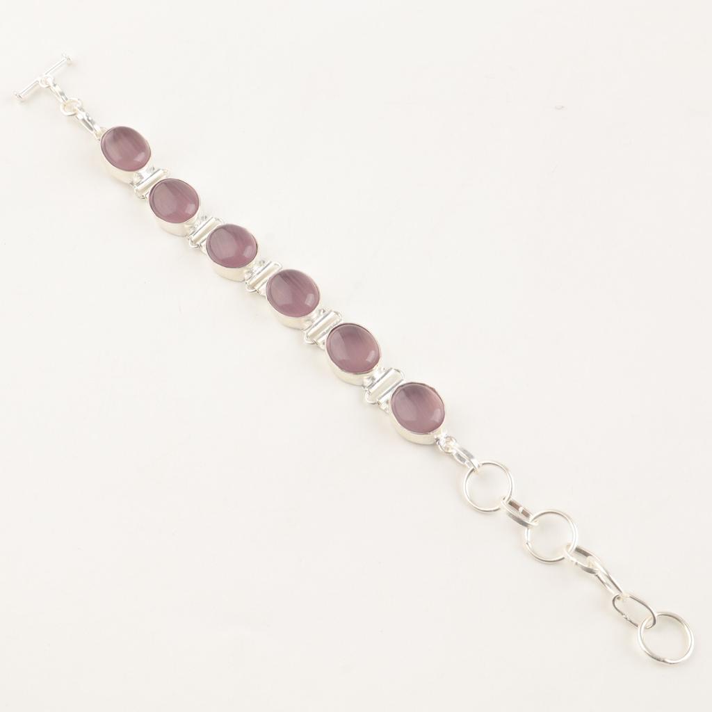 Rare Purple Cat's Eye Gemstone 925 Sterling Silver Jewelry Handmade Bracelet 8" RB-4-25