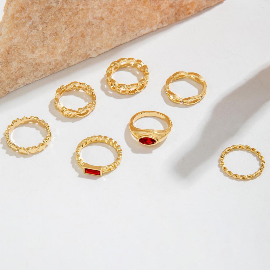 Korean Style 9-Piece Retro Colored Stone Metal Carved Fashionable Geometric Ring Set Suitable for Girls' Jewelry