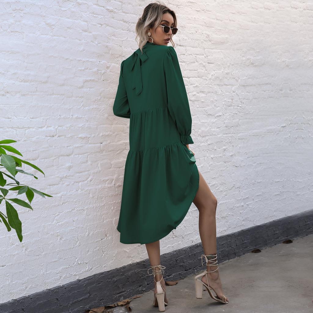 YYFS Women's Fashion Spring Fall Solid Color Print Long Sleeve Half Turtleneck Middle Waistline Casual Dresses