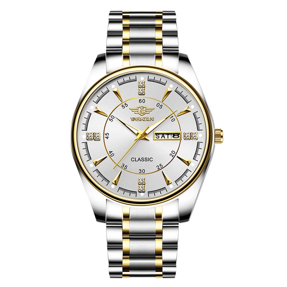 

YASHIDUN 5069 Steel Strap Stylish Quartz Watch Men Luminous Calendar Wrist Watch White Dial