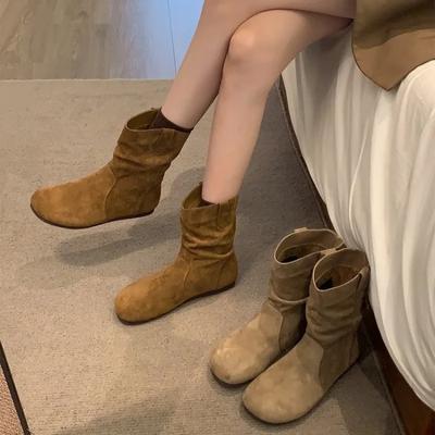 Fashion Autumn Winter Vintage Versatile Slim Boots Korean Style Round Toe Flat Bottom Short Boots Women's Fashionable Piled Up Boot