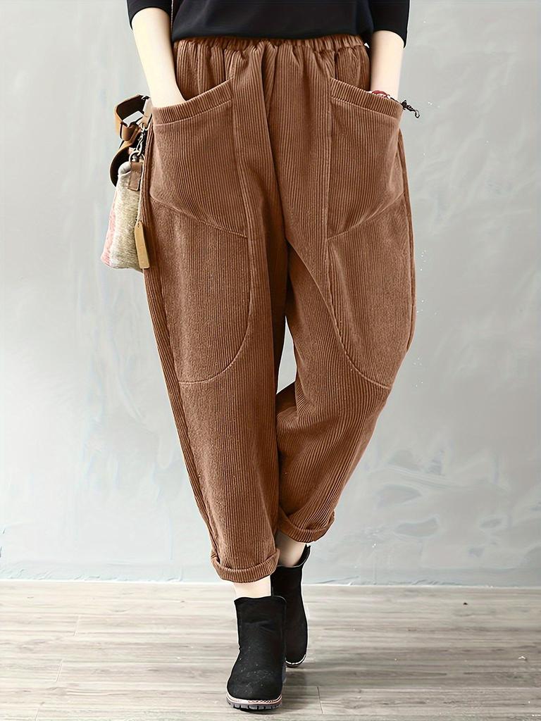 European & American Women's Corduroy Pants - Elastic Waist, Pocketed, Loose Fit, Tapered Leg, 2026 Autumn/Winter Collection