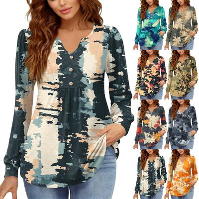 Camiseta Feminina Relaxada, Gola V, Cor Vintage, Bloqueada com Estampa Floral, Manga Longa, Pulôver