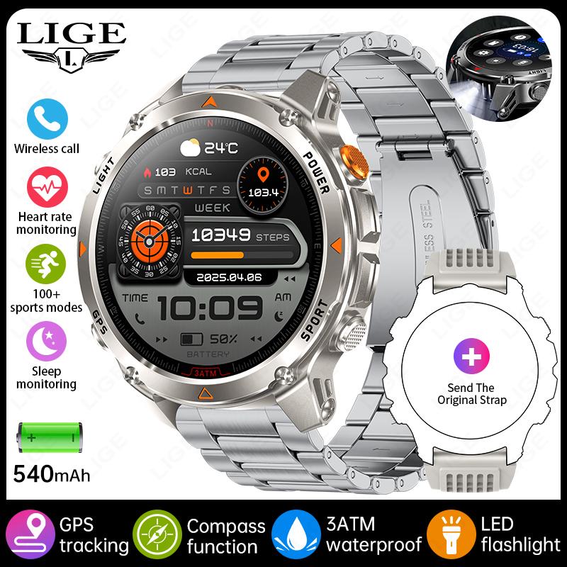 GPS Sports Waterproof Smart Watch Men 1.46“HD Full Touch Screen 500mAh Battery Flashlight Compass Bluetooth Call Smartwatch