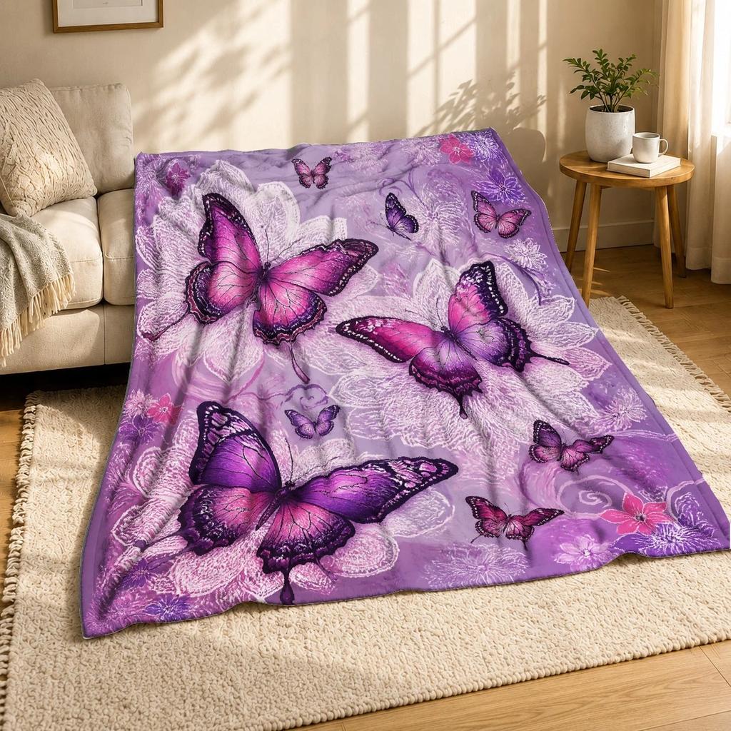 Pink Purple Butterflies With White Lace Flowers Coral Fleece Blanket