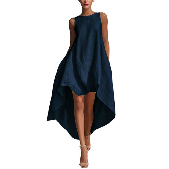 Women's Cotton Linen Sleeveless Midi Dress Crew Neck Asymmetric Hem Tank Dress Summer Casual Beach Sundress