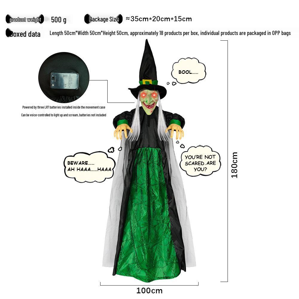 Purple Sound-Activated Light-Up Screaming Witch Pendant for Halloween Haunted House Decor