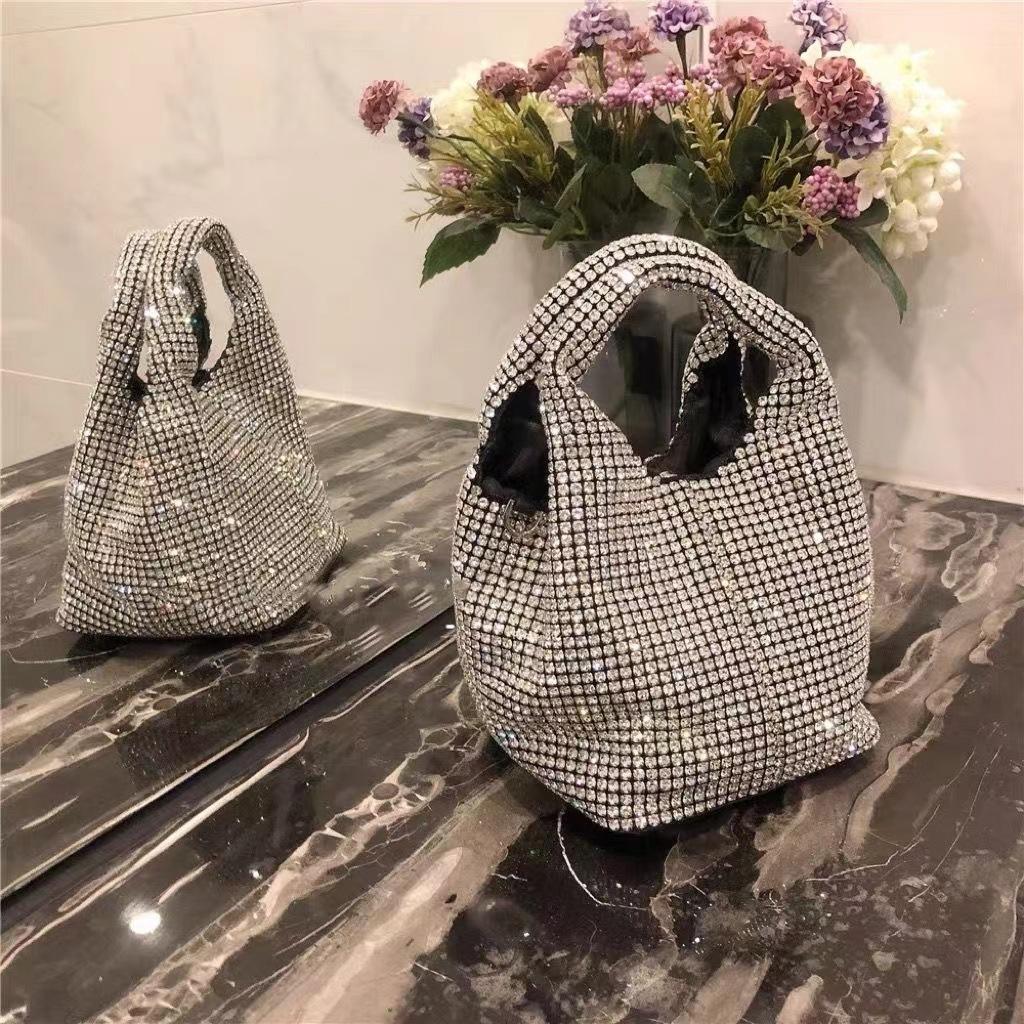 Fashion Rhinestone Small Bucket Bag for Women Sling Shoulder Crossbody Bag with Diagonal Chain Stylish Ladies Handbag