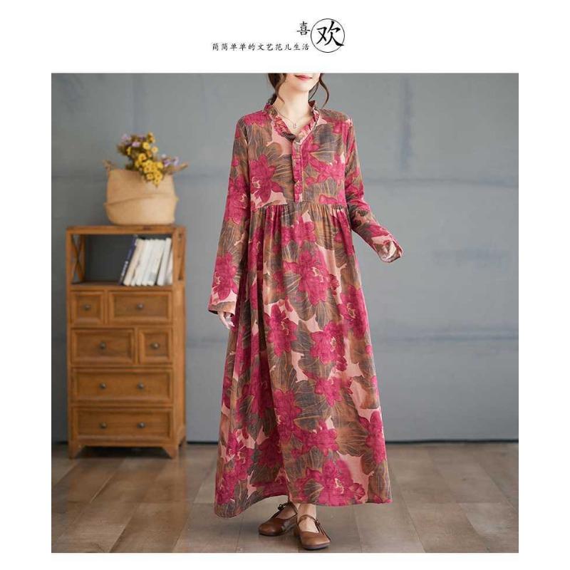 Printed Loose Belly Shading Mulle Lace Long Sleeve Hem Long Dresses