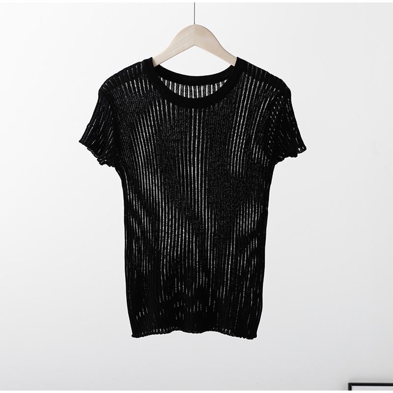 

Сексуальная прозрачная женская футболка, летние шикарные трикотажные женские топы с коротким рукавом и круглым вырезом, полосатые женские облегающие рубашки L чёрный