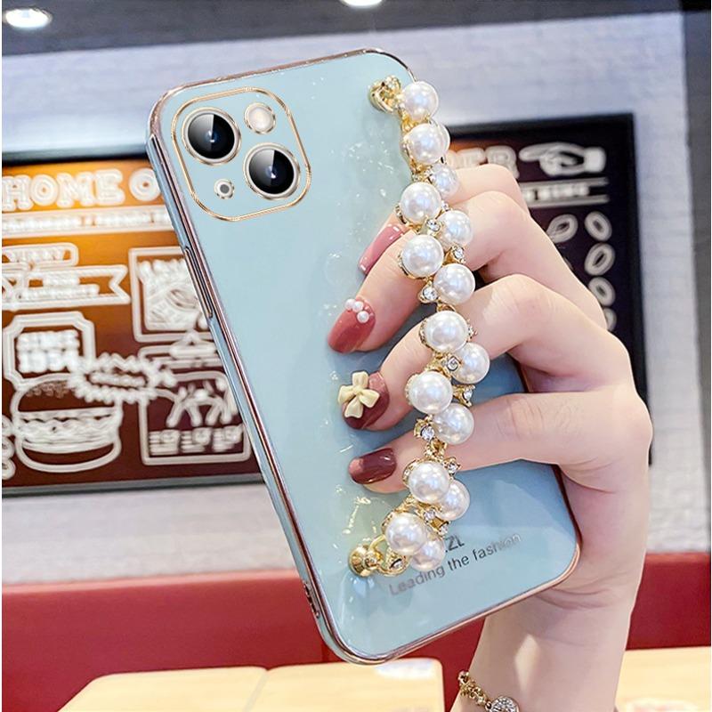 Potrivit pentru Ins Apple 16 Carcasă de telefon din silicon 14 Full Cover Iphone 15promax Brățară cu perle creative