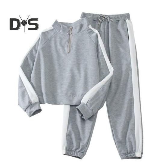 2 unidades / conjunto conjunto de calças de moletom gola com zíper solto macio cintura elástica tornozelo com faixas largas bolsos de perna combinando com cores femininas outono primavera agasalho