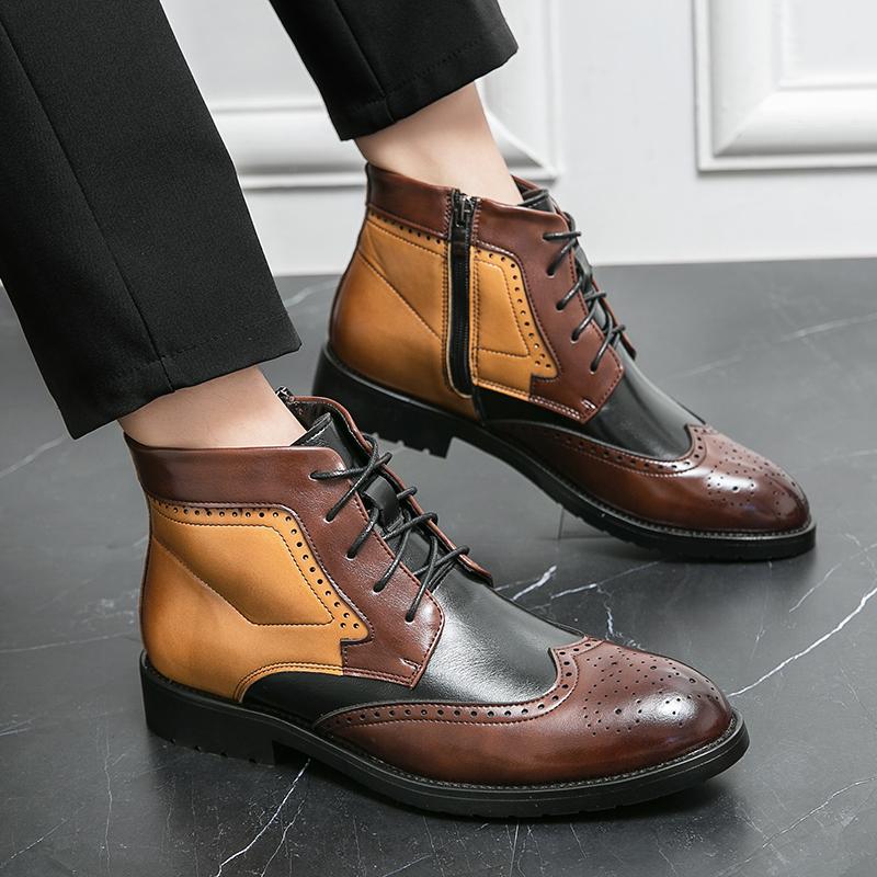 Luxury Brand Men's Boots Fashion Casual High-top Oxford Shoes Formal Chelsea Boots Color-blocking Boots Leather Lace-Up Boots