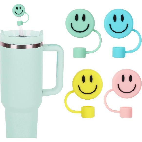 Whaline 4Pcs Smile Face Straw Cover Cap Pink Purple Mint Green Silicone Drinking Straw Topper 10mm 30&40 Oz Reble Straws Covers Double Sided Tumbler