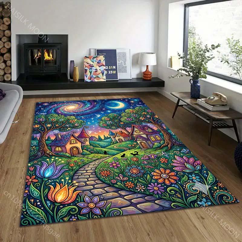 1PC Dreamy village starry path Print Carpet Rug for Living Room Bedroom Sofa Doormat Home Decor Non-slip Floor Mat