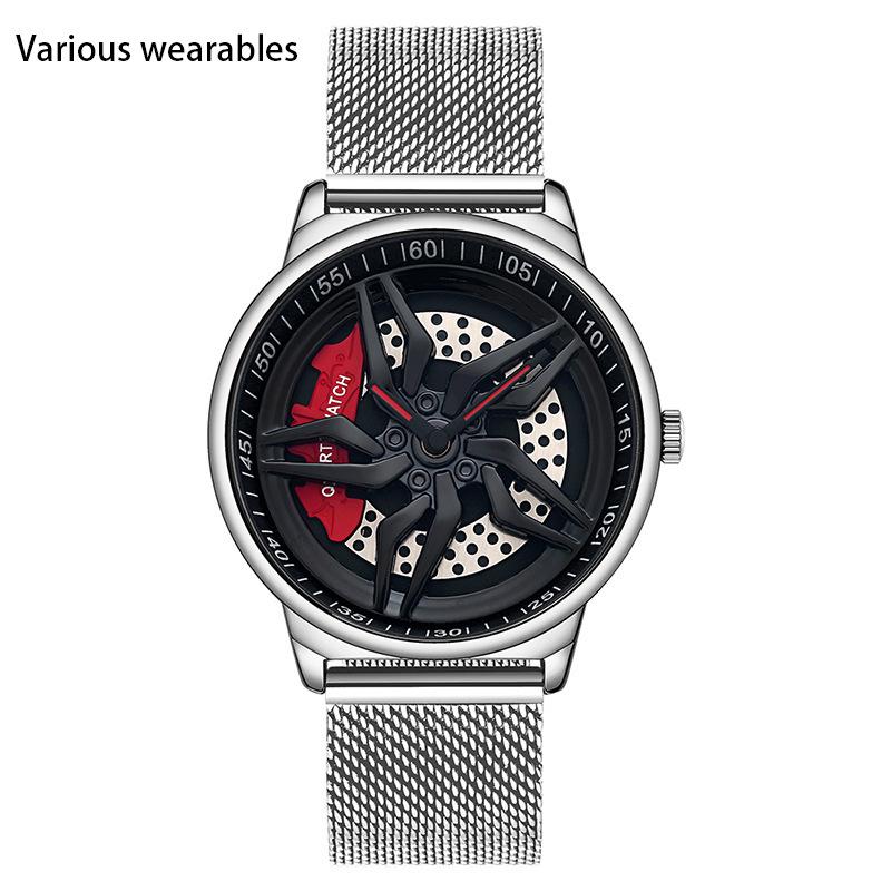 Ceas nou de personalitate cool pentru bărbați, cu cuarț, cadran rotativ tridimensional cu roată, casual, rezistent la apă, cu brățară din plasă