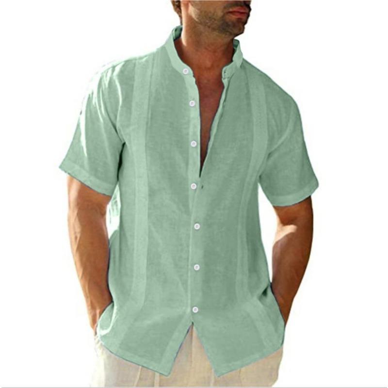 Men's Linen Shirts Short Sleeve Button Up Shirts Stand Collar Casual Summer Home Daily Shirts